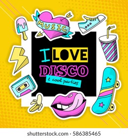 Fashionable patch disco design with heart skateboard sneakers pink blue cool party symbols composition poster vector illustration 