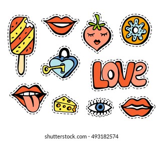 Fashionable patch set. Hand drawn lips, strawberry, donut, ice cream, eye, cheese, love background. Comic stickers, pins, patches, badges  doodle in cartoon pop art 80s-90s style. Vector illustration