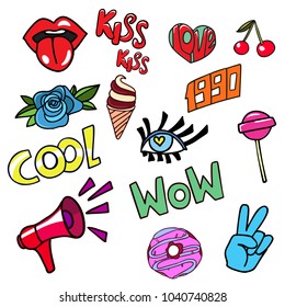 Fashionable patches with lips, hearts, stars and other elements. Vector illustration isolated on white background. A set of stickers, pins, patches in the cartoon style of the 90s.