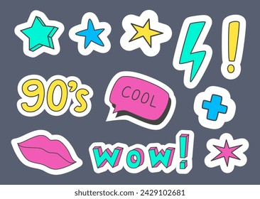 Fashionable patches with lips, inscriptions, stars and other graphic elements. Cartoon 80s-90s style, vector.