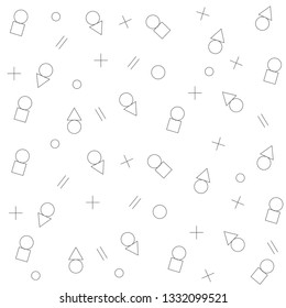 Fashionable pattern with black circles, squares, triangles, 
mathematical signs plus and equal on a white background.