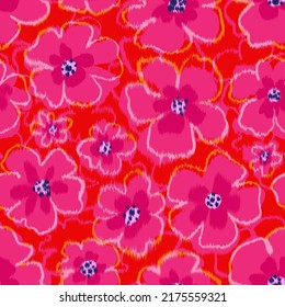 Fashionable pattern in the form of blurred colors. Rich pink flowers on a red background. Floral vector seamless pattern for textiles, fabrics, covers, wallpaper, prints, gift wrapping and