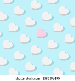 Fashionable pattern made of geometric hearts on a gentle blue background. Pink heart among whites. Minimal holiday concept. Sun shadow.