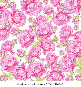 Fashionable pattern with pink flowers pions. Hand drawn watercolor illustration. Floral summer print