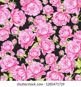 Fashionable pattern with pink flowers pions. Flowers print. Hand drawn watercolor illustration. Floral summer print