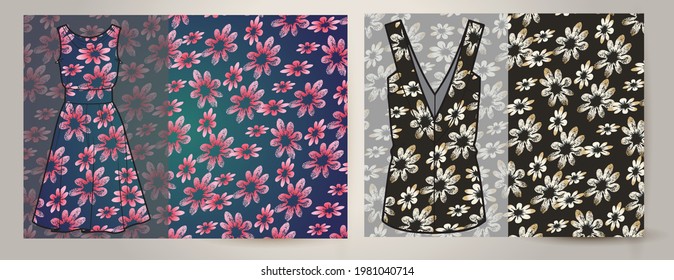 Fashionable pattern in small flowers. Floral background for textiles on women's dress mockup.  Liberty style. fabric, covers, manufacturing, wallpapers, print, gift wrap.