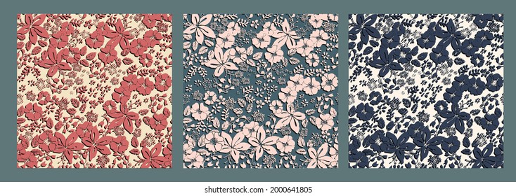 Modisches Muster in kleinen Blumen. Blumenhintergrund für Textilien. Liberty-Stil. Stoff, Deckel, Herstellung, Wallpaper, Druck, Geschenkverpackung.