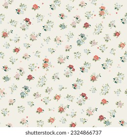 Fashionable pattern with small flowers on a light background. Seamless botanical print with various floral elements. Collection of vintage textiles.