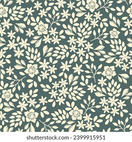 Fashionable pattern with small flowers on a grey background. Seamless botanical print with various floral elements. 