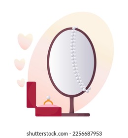 Fashionable pearl jewelry. Precious jewelry concept. Table mirror, pearl beads. Gift box with gold ring. Ladies' table with decorations. Valentine's Day greeting card. Vector illustration