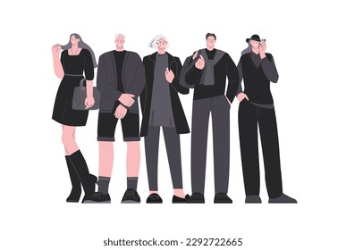 Fashionable people group, fashion workers, stylist wearing black. Contemporary casual characters, trendy women and men. Flat vector person