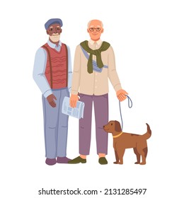 Fashionable people, senior men wearing stylish clothes. Vector grandfather with accessories and dog on leash. Modern happy personages, guy with newspaper. Flat cartoon characters illustration