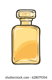 Fashionable perfume in glass yellow flask close-up on background. Luxury fragrance in beautiful bottle. Vector illustration