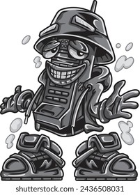 Fashionable Phone Character Black and White Illustration