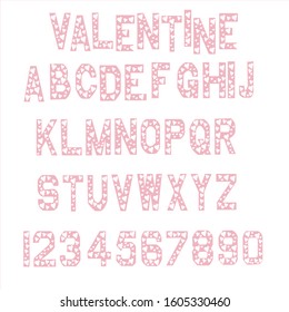 Fashionable pink alphabet with hearts in vector. The ABCs of hand lettering. Typographic design for a poster, banner, print, or greeting card for Valentine's day. Cute educational letters set.