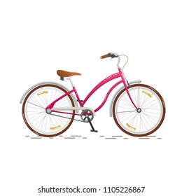 Fashionable pink for girls bike for the city.. Flat bike isolated on white background. Healthy lifestyle and city vehicle. Vector illustrations