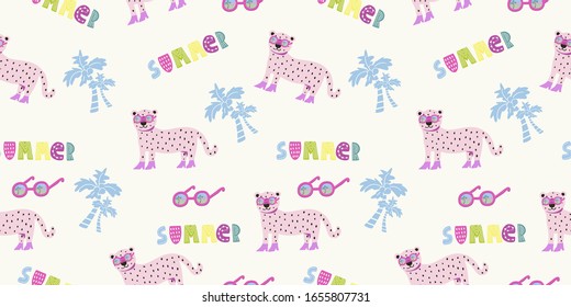 Fashionable, pink leopard in stylish shoes, glasses with the inscription summer time. Geometric seamless pattern with palm trees, vector. For printing on textiles, T-shirts, gift wrapping 