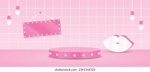 pantalla de bombilla rosa de moda y señal colgante con labios 3d vector de ilustración para poner el producto o objeto de maquillaje