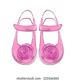 Fashionable  pink shoes for little girls. Vector sketch
