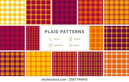 Fashionable plaid fabric designs with stripes and check patterns, perfect for repeating textile prints or trendy shirt materials.