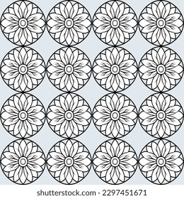 Fashionable and playful circular floral pattern in black and white with stylized geometric motifs on blue background, great for repeat coloring pages and whimsical wallpaper.