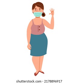 A fashionable plump girl in a medical mask greets. Friendly greeting of a young woman.