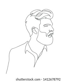 Fashionable portrait of a man close up. Vector linear drawing in black ink on an isolated white background. Barbershop logo. picture by one line. stylish portrait of a guy with a beard.
