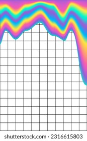 Fashionable poster with a checkered notebook sheet and bright neon streaks. Iridescent melted paint streaks on paper in a trendy 90s, 00s style.
