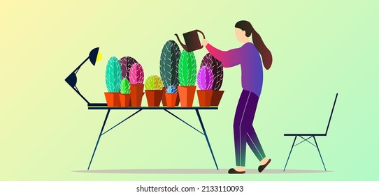 Fashionable poster of a girl growing plants. Modern life design of teenagers. take care of nature banner for postcards, advertising, office. Contemporary people life.