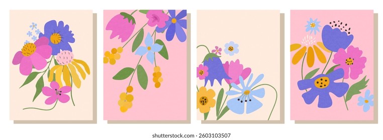 Fashionable posters and postcards with flowers and abstract patterns. Summer collection of bright and colorful abstract posters. A set of amazing floral designs for notebook covers
