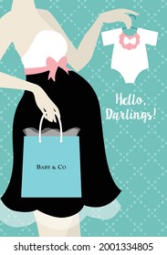 Fashionable pregnant woman, pregnancy, motherhood, beautiful baby bump. Vector illustration flat design minimalist. Baby shower invitation, poster, card, print art.