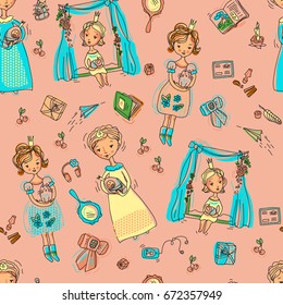 Fashionable princesses. Seamless vectorial pattern. Template for printing on textiles, fabrics, wrapping paper. Sketch of an image of cute girls and their moms.Limited color palette