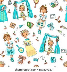 Fashionable princesses.Seamless vectorial pattern. Template for printing on textiles, fabrics, wrapping paper. Sketch of an image of cute girls and their moms.Limited color palette