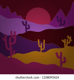 Fashionable print. Background with cacti on purple, red and orange colors. Vector illustration.