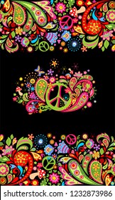 Fashionable print with colorful floral seamless border and hippie peace flowers symbol for shirt design and hippy party poster on black background