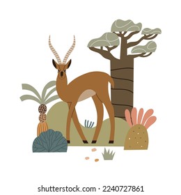 Fashionable print with a deer. Vector safari illustration in hand drawn style.