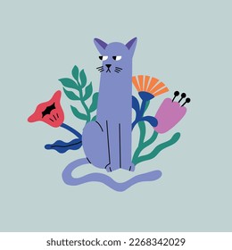 Fashionable print with a sad cat. Vector vibrant illustration in a flat style.