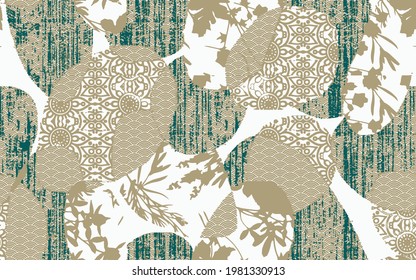 Fashionable print seamless pattern geo collage with, floral, tile, stripe and textures