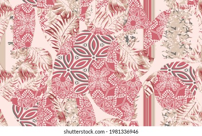 Fashionable print seamless pattern geo tile collage with leaf, flower, floral stripe