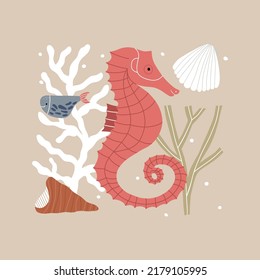 Fashionable print with seashells isolated on a white background. Summer illustration in cartoon style.