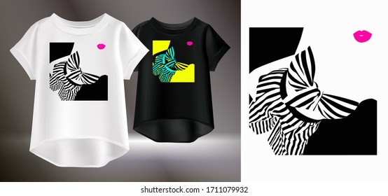 
Fashionable print for t-shirts. Art image of a female silhouette in striped clothes. Vector illustration of a realistic women's t-shirt. Isolated image of a printable pattern for clothes.