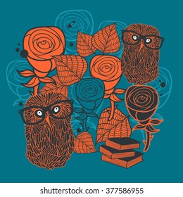 Fashionable print with wild birds/ books and flowers. Vector pattern in orange on the blue background.
