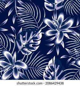 fashionable prints texture vector design with blue monochromatic tropical hibiscus flowers and monstera palm leaves seamless pattern on night background. Floral background. Exotic summer design. art