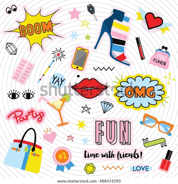 Fashionable quirky colorful labels and
stickers icons set on inner circles pattern background - With
feminine trendy hip styles accessories, signs and
symbols