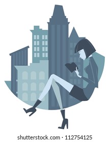fashionable reading girl, vector background with image of young woman and city
