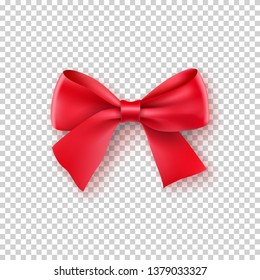 Fashionable red bow with ribbon. Silk accessory for clothes. Design element with shadow isolated on transparent background. Realistic decoration for holiday. Elegant vector object from silk