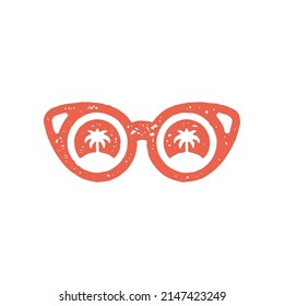 Fashionable red feminine sunglasses reflected natural palm tree with leaves grunge texture vector illustration. Glamour glasses accessories with exotic plant in leaves. Summer travel vacation isolated