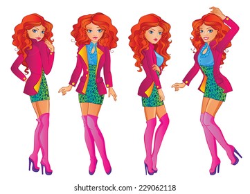 fashionable red haired girl in coat and high boots