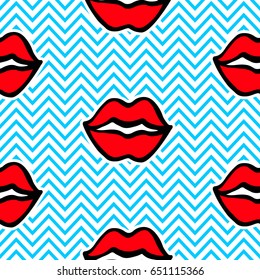 Fashionable red lips and kisses seamless pattern on zig zag background. Comic stickers, pins, patches, badges doodle in cartoon pop art 80s-90s style. Vector illustration.