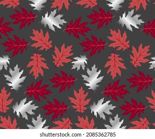 Fashionable red and silver leaves foliage seamless pattern vector graphic design. Textile print with oak leaves foliage stylish illustration. Premium fabric print.